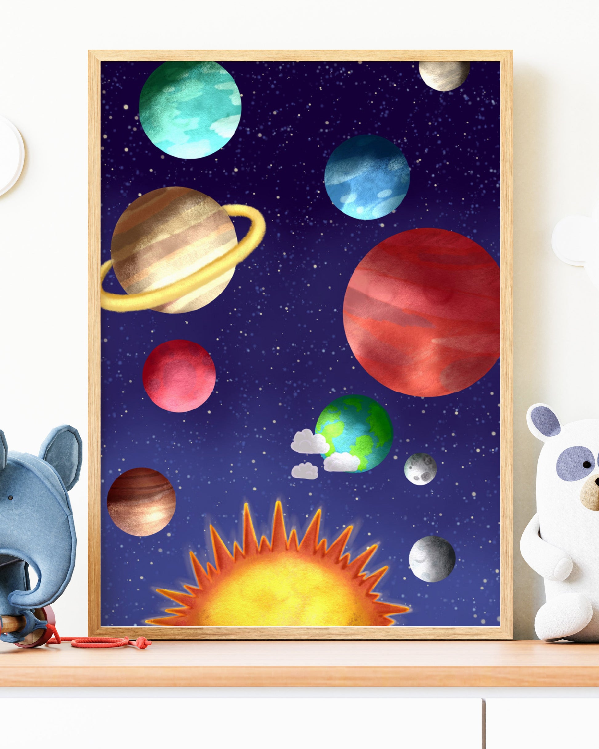 Children's room with a shelf displaying toys and a framed solar system poster.