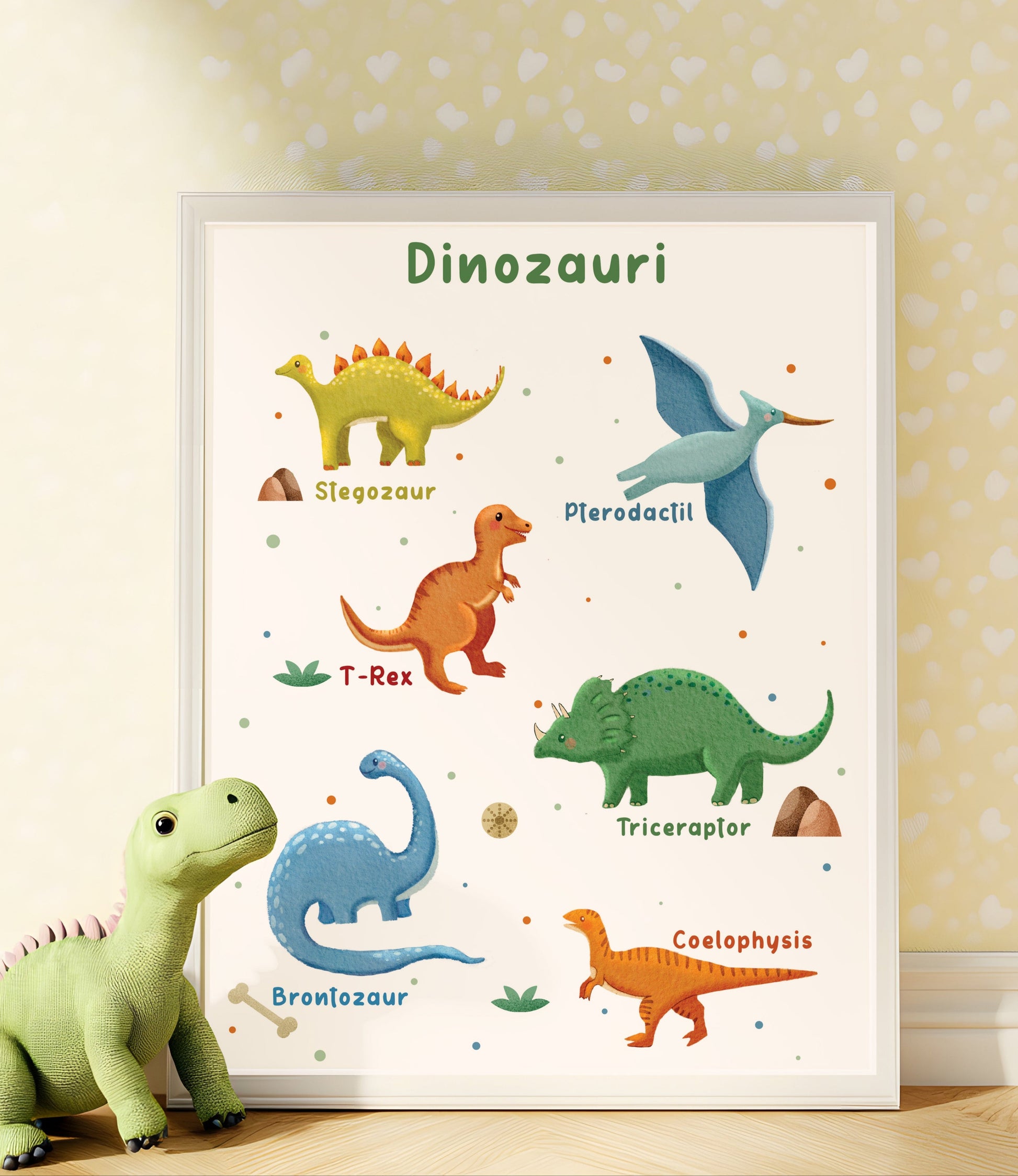 Children's poster with illustrations of dinosaurs and their names on a wall.