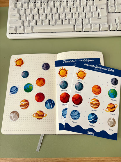 Sticker Sheet „Planetele Sistemului Solar” – A5, Hârtie Mată