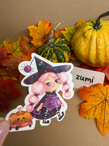 Sticker Die-cut - „Mica vrăjitoare roz” – Holografic
