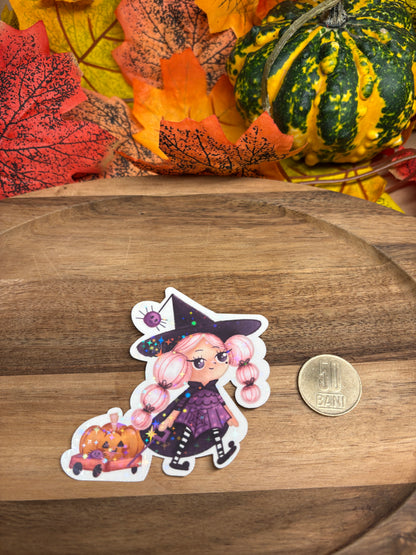 Sticker Die-cut - „Mica vrăjitoare roz” – Holografic