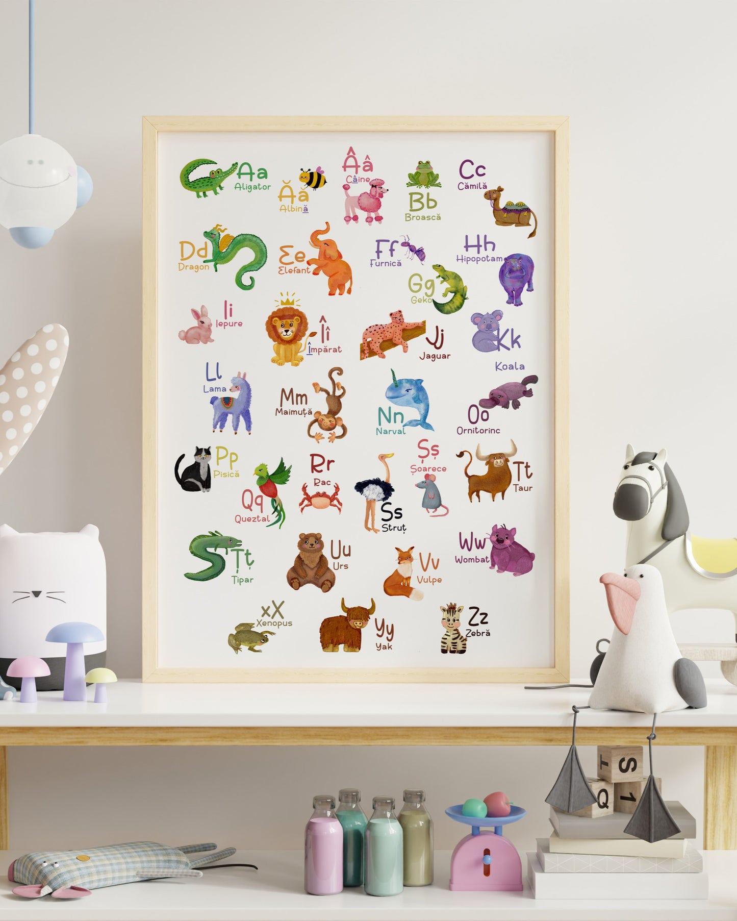 Children's room with a framed alphabet poster, toys, and decorative items on a shelf.