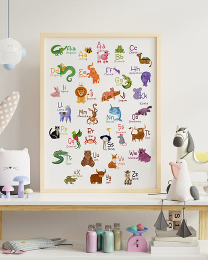 Children's room with a framed alphabet poster, toys, and decorative items on a shelf.