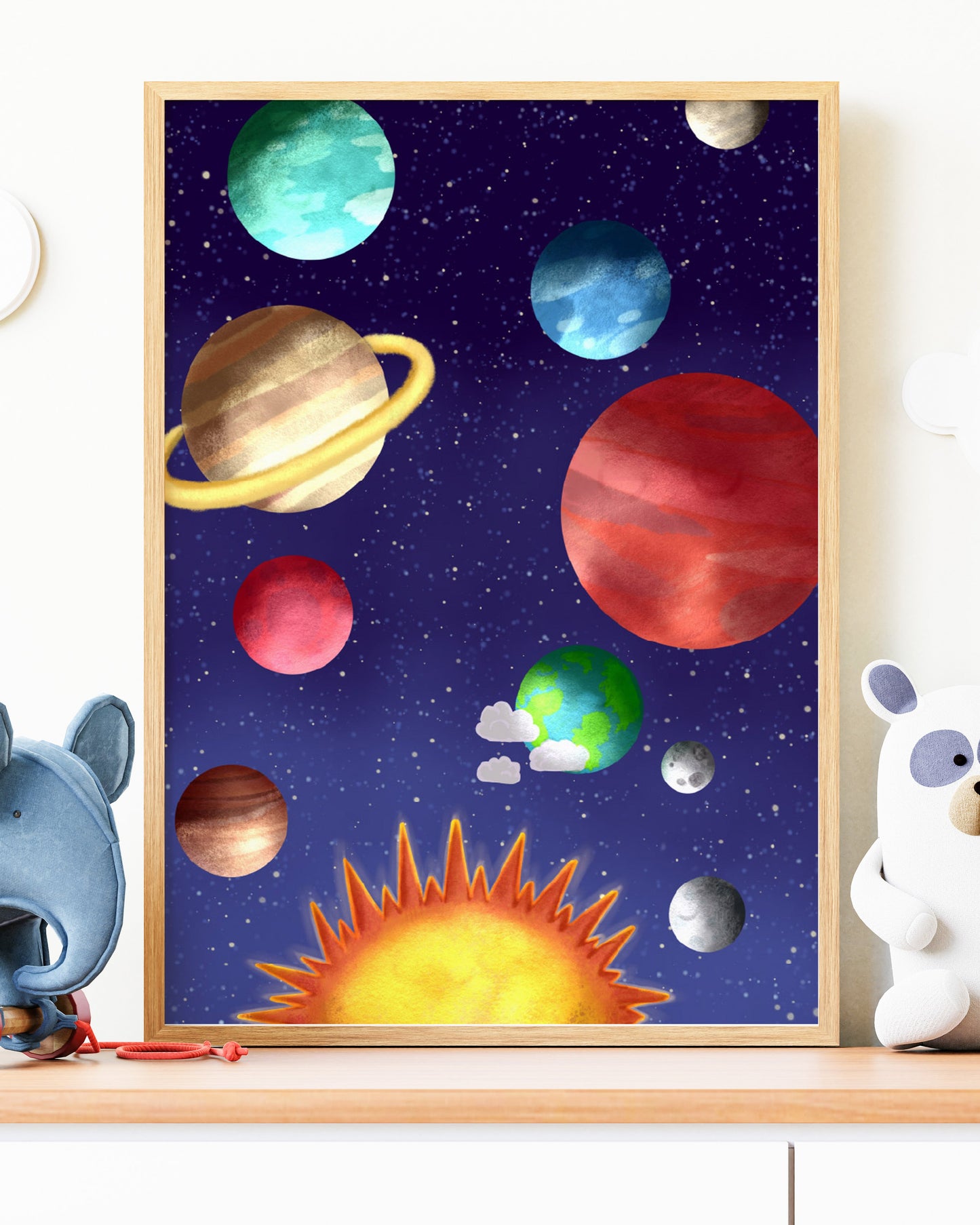 Children's room with a shelf displaying toys and a framed solar system poster.