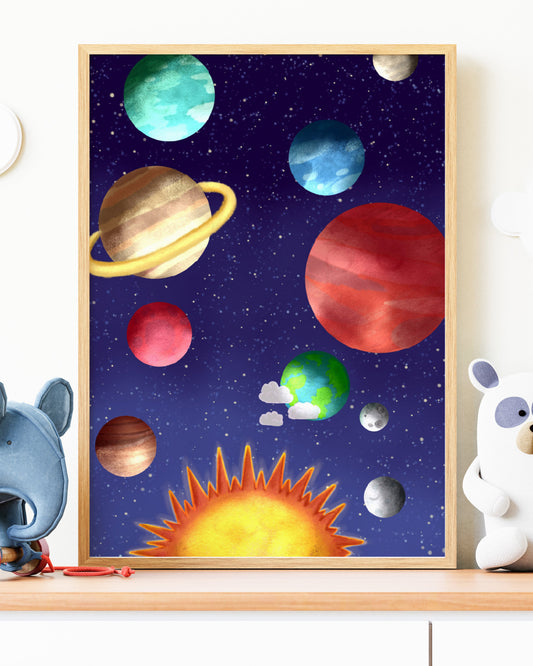 Children's room with a shelf displaying toys and a framed solar system poster.