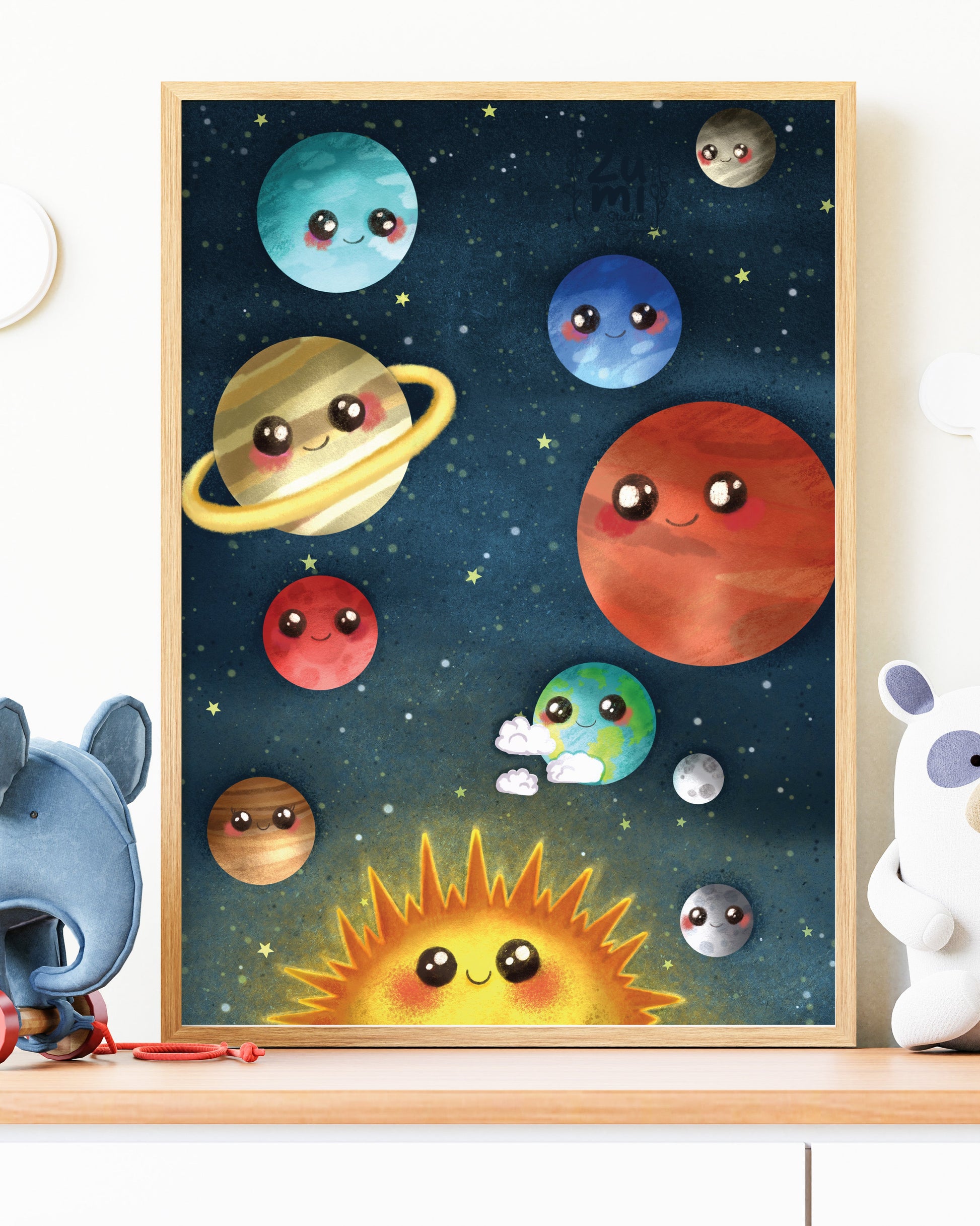 Children's room with a framed illustration of planets and toys on a shelf.